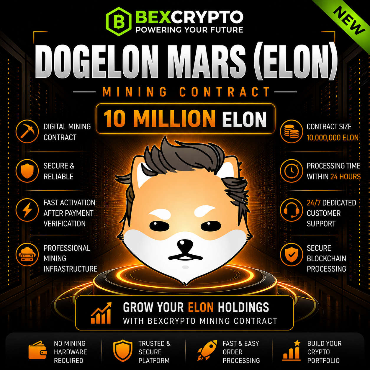 BEXCRYPTO 10 Million Dogelon Mars (ELON) cloud mining contract featuring the Dogelon Mars logo with futuristic blockchain and cloud mining technology.