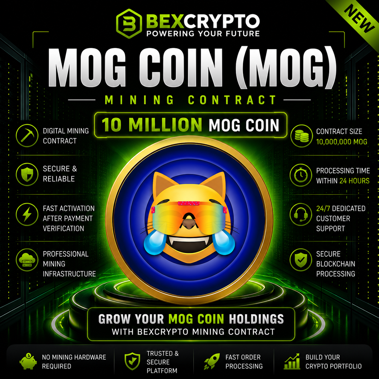 BEXCRYPTO 10 Million Mog Coin (MOG) digital mining contract with secure cloud mining infrastructure and MOG coin branding.