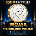Bexcrypto product image featuring the Wojak character, 10,000,000 WOJAK tokens from wojakcto.com, and Ethereum ERC20 branding