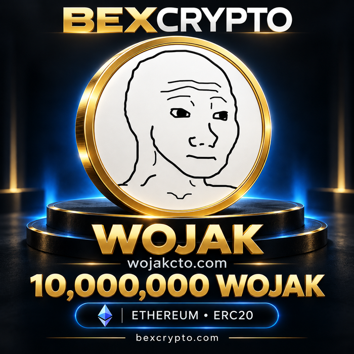 Bexcrypto product image featuring the Wojak character, 10,000,000 WOJAK tokens from wojakcto.com, and Ethereum ERC20 branding