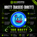 BEXCRYPTO 100 Brett (Based) (BRETT) mining contract product image featuring the BRETT logo with a futuristic blockchain mining design.