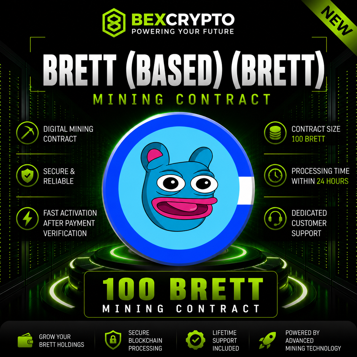 BEXCRYPTO 100 Brett (Based) (BRETT) mining contract product image featuring the BRETT logo with a futuristic blockchain mining design.
