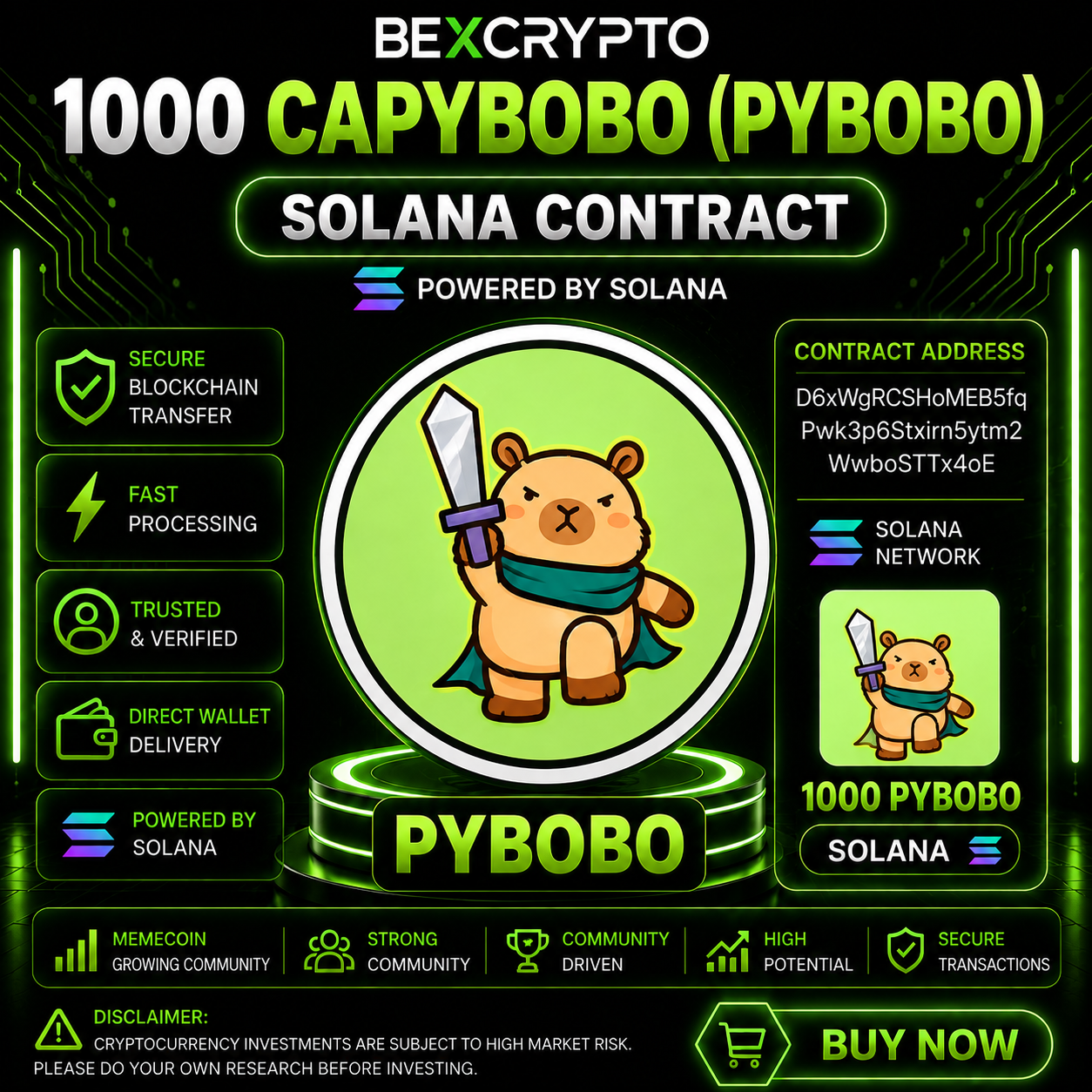Bexcrypto 1000 Capybobo (PYBOBO) contract on Solana featuring the Capybobo token, Solana network details, and contract information.