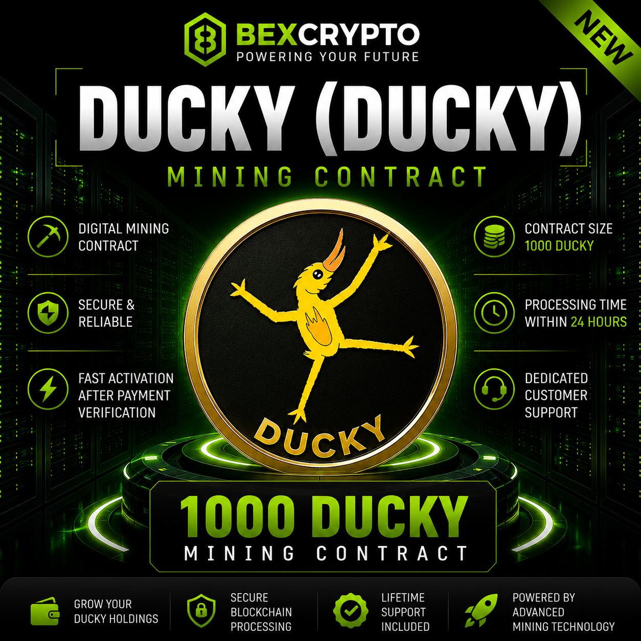 BEXCRYPTO 1000 Ducky (DUCKY) cloud mining contract featuring the DUCKY coin with a futuristic blockchain mining design.