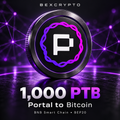 Bexcrypto graphic featuring the Portal to Bitcoin logo on a black and purple coin, with 1,000 PTB and BNB Smart Chain BEP20