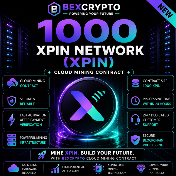 BEXCRYPTO 1000 XPIN Network (XPIN) Cloud Mining Contract promotional image featuring a futuristic XPIN token with neon purple and cyan lighting, secure cloud mining platform, AI-powered mining technology, blockchain security, and fast activation within 24 hours.