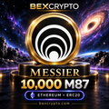 Bexcrypto product image featuring the Messier logo on a gold coin, 10,000 M87 tokens, and Ethereum ERC20 branding against a cosmic background.