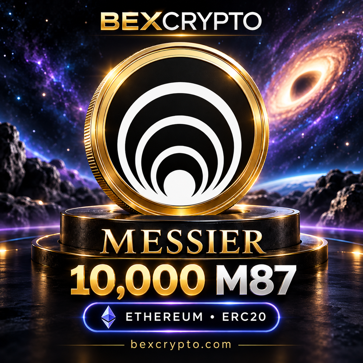 Bexcrypto product image featuring the Messier logo on a gold coin, 10,000 M87 tokens, and Ethereum ERC20 branding against a cosmic background.