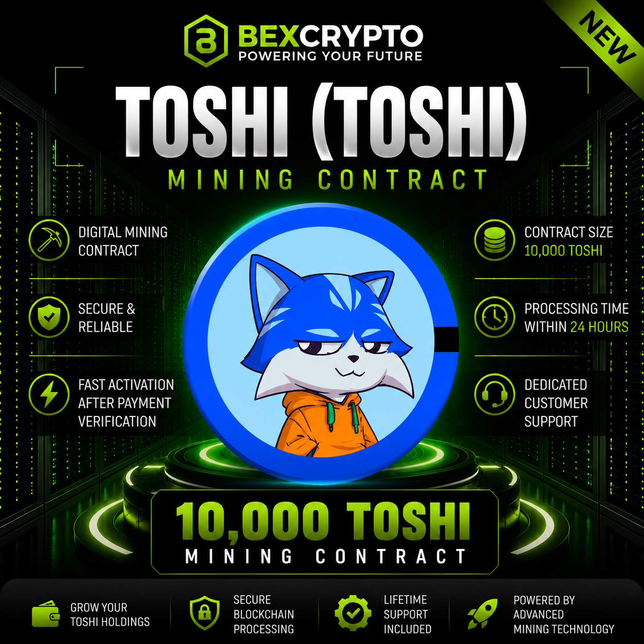 BEXCRYPTO 10,000 Toshi (TOSHI) mining contract product image featuring the TOSHI logo with a futuristic blockchain mining design.