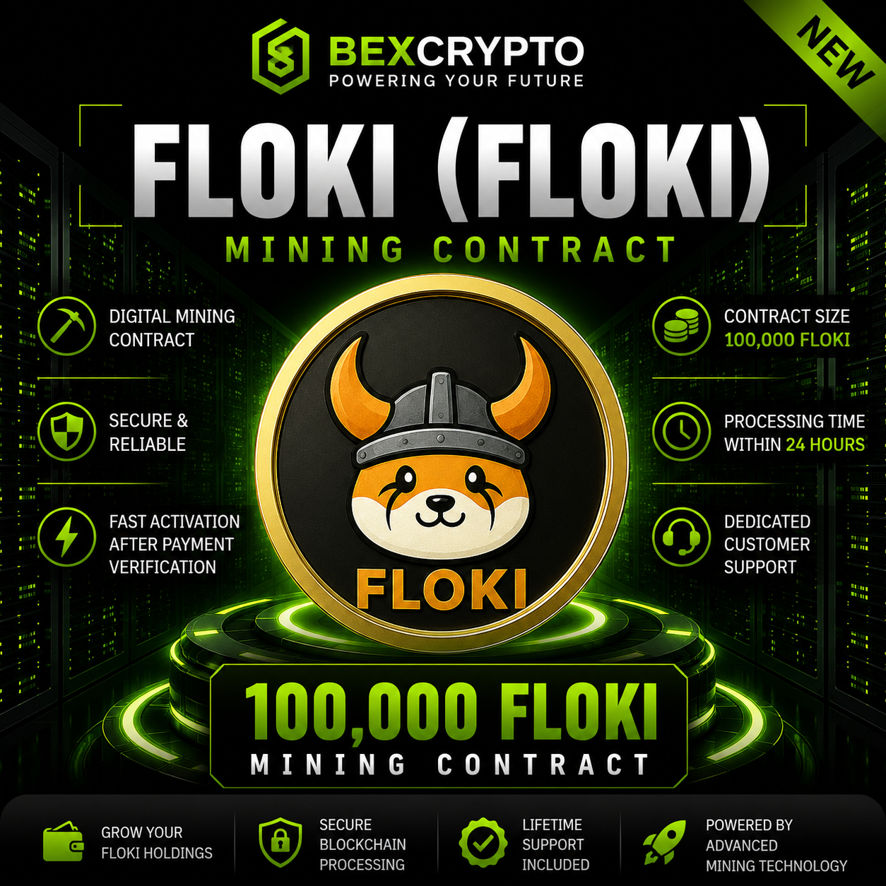 BEXCRYPTO 100,000 FLOKI (FLOKI) cloud mining contract product image featuring secure cryptocurrency mining contract branding and FLOKI token design.