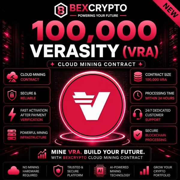BEXCRYPTO 100,000 Verasity (VRA) Cloud Mining Contract featuring futuristic cloud mining design with Verasity VRA branding and secure blockchain technology.