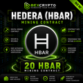 BEXCRYPTO 20 Hedera (HBAR) Mining Contract product image featuring secure cloud mining, fast activation, blockchain processing, lifetime support, and dedicated customer service.