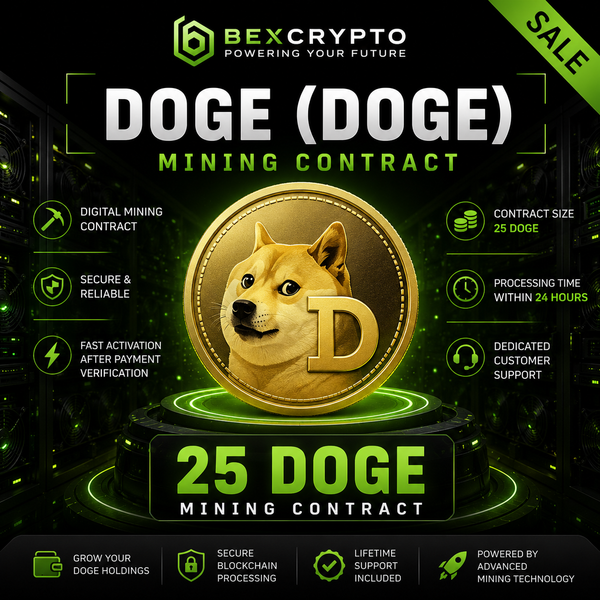 BEXCRYPTO 25 Doge (DOGE) Mining Contract product image featuring the Dogecoin coin, secure blockchain mining contract, fast activation, and 24-hour processing.