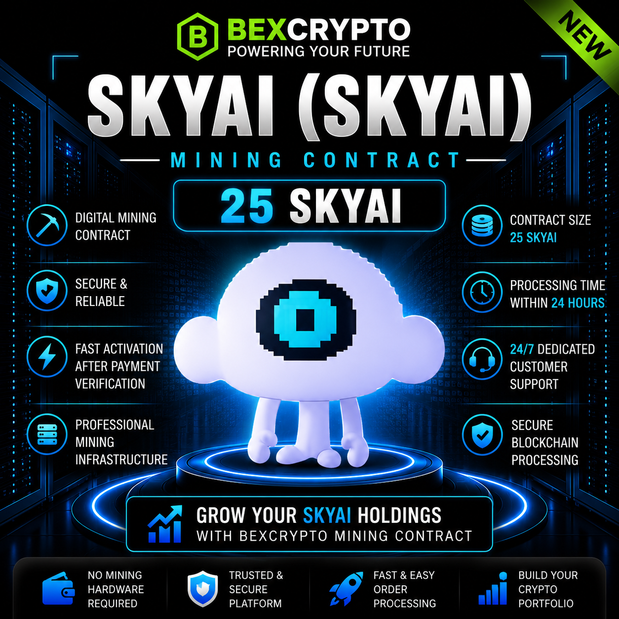 BEXCRYPTO 25 SKYAI (SKYAI) cloud mining contract with SKYAI token logo and secure crypto mining infrastructure.