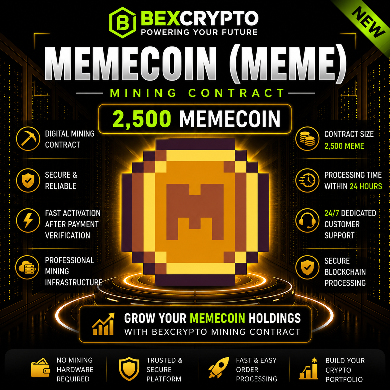 BEXCRYPTO 2500 Memecoin (MEME) digital mining contract featuring secure cloud mining infrastructure and MEME coin branding.