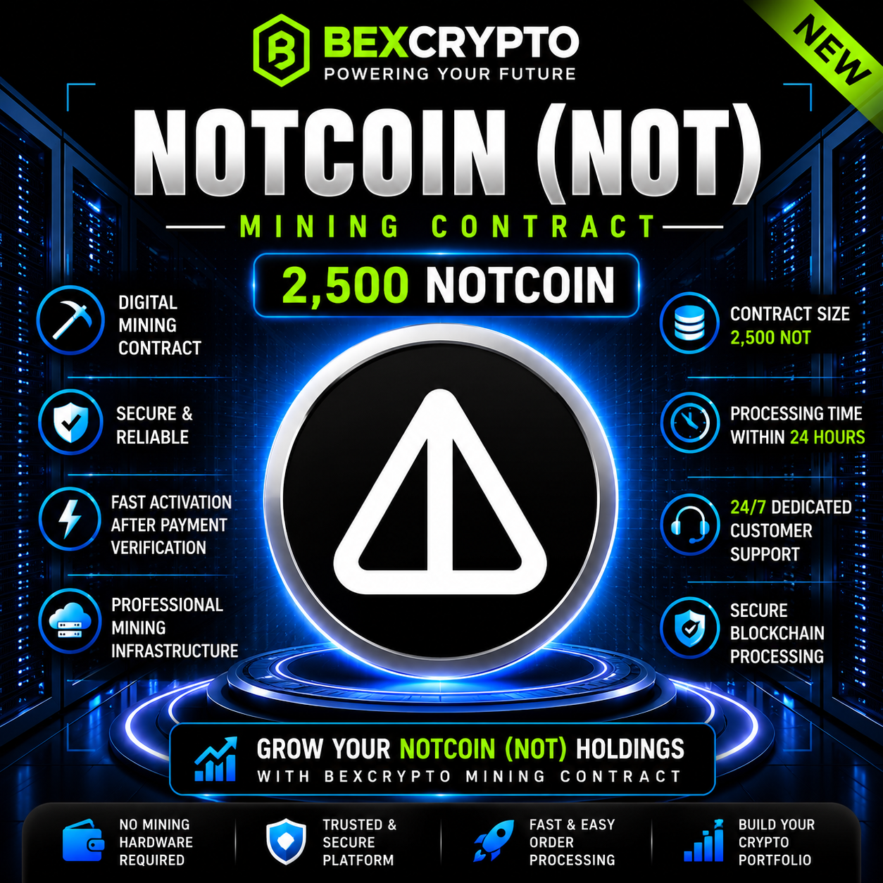 BEXCRYPTO 2500 Notcoin (NOT) digital mining contract featuring secure cloud mining infrastructure and Notcoin branding.