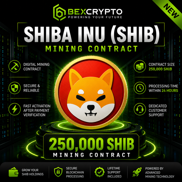 BEXCRYPTO 250,000 Shiba Inu (SHIB) mining contract featuring the SHIB coin logo with secure cloud mining, fast activation, blockchain-powered digital mining, and dedicated customer support.