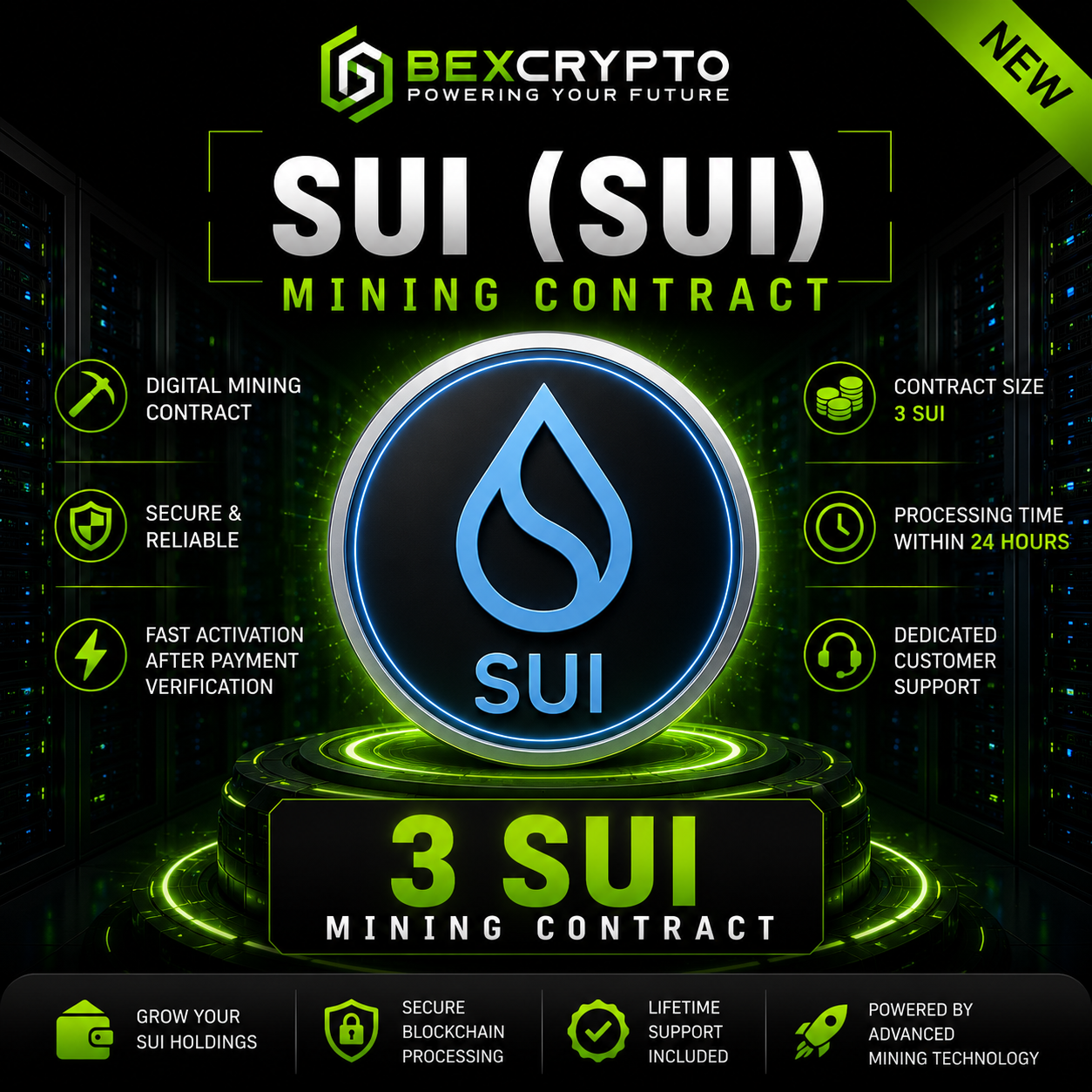 BEXCRYPTO 3 SUI (SUI) Mining Contract product image featuring a secure digital cryptocurrency mining contract with fast activation, blockchain processing, and dedicated customer support.