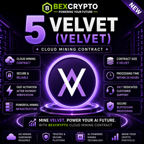 BEXCRYPTO 5 Velvet (VELVET) AI cloud mining contract product image featuring futuristic blockchain technology and premium digital asset branding.