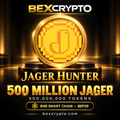 Bexcrypto product image featuring the Jager Hunter pixel coin logo, 500 million JAGER tokens, and BNB Smart Chain BEP20 branding.