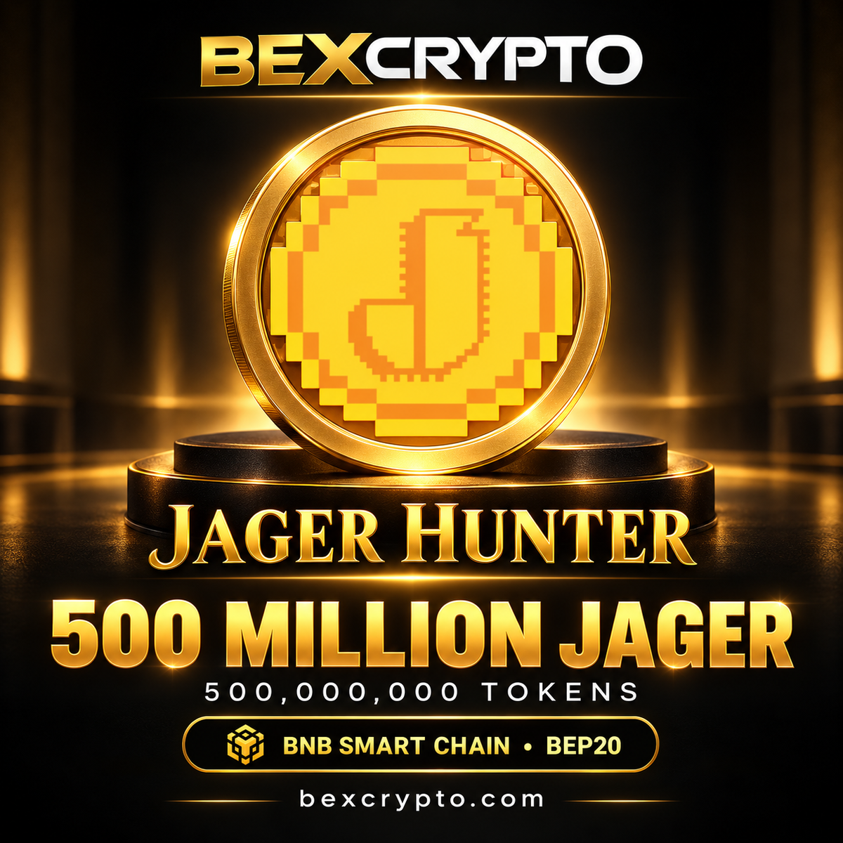 Bexcrypto product image featuring the Jager Hunter pixel coin logo, 500 million JAGER tokens, and BNB Smart Chain BEP20 branding.
