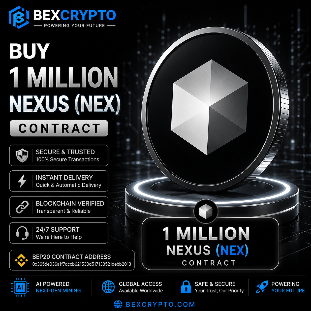 BEXCRYPTO Buy 1 Million Nexus (NEX) Contract product image featuring the Nexus logo with secure BEP20 blockchain contract, instant delivery, trusted cloud mining, and verified digital asset services.