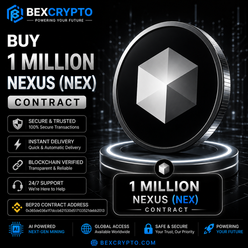 BEXCRYPTO Buy 1 Million Nexus (NEX) Contract product image featuring the Nexus logo with secure BEP20 blockchain contract, instant delivery, trusted cloud mining, and verified digital asset services.