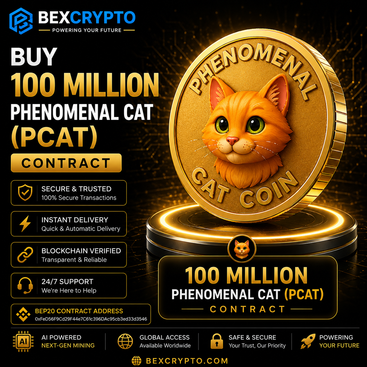 BEXCRYPTO Buy 100 Million Phenomenal Cat (PCAT) Contract product image featuring the PCAT coin with secure BEP20 blockchain contract, instant delivery, verified digital asset processing, and trusted crypto mining services.