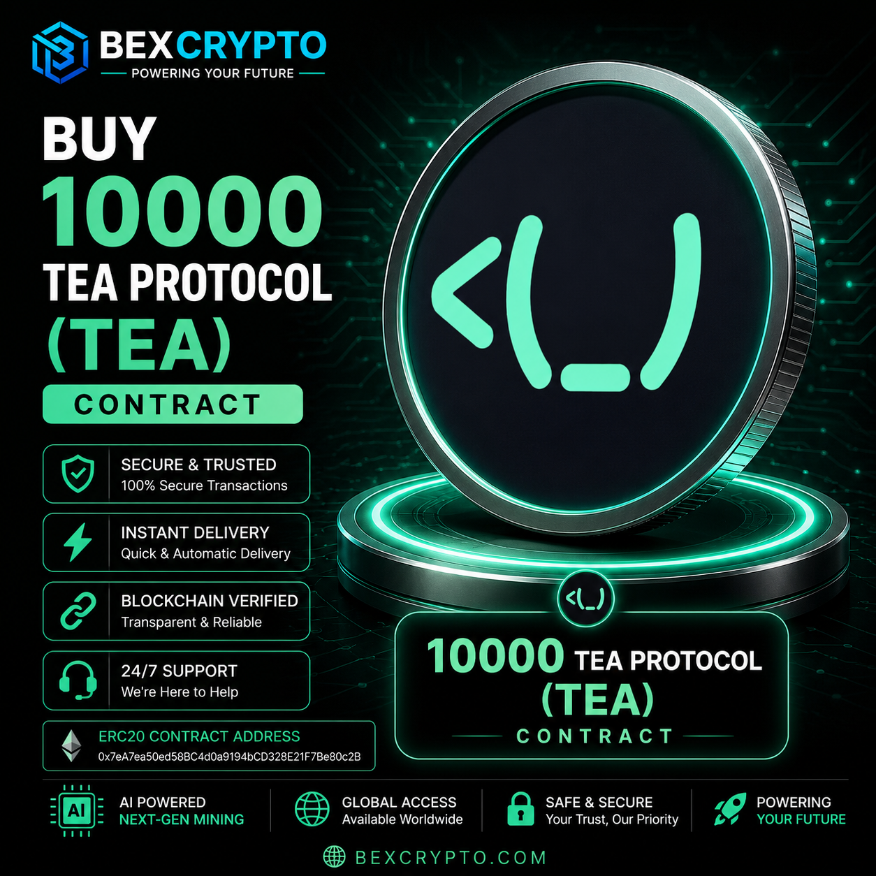 BEXCRYPTO Buy 10000 Tea Protocol (TEA) Contract product image featuring the TEA Protocol logo with secure cloud mining, instant delivery, ERC20 support, and blockchain-verified digital contract.
