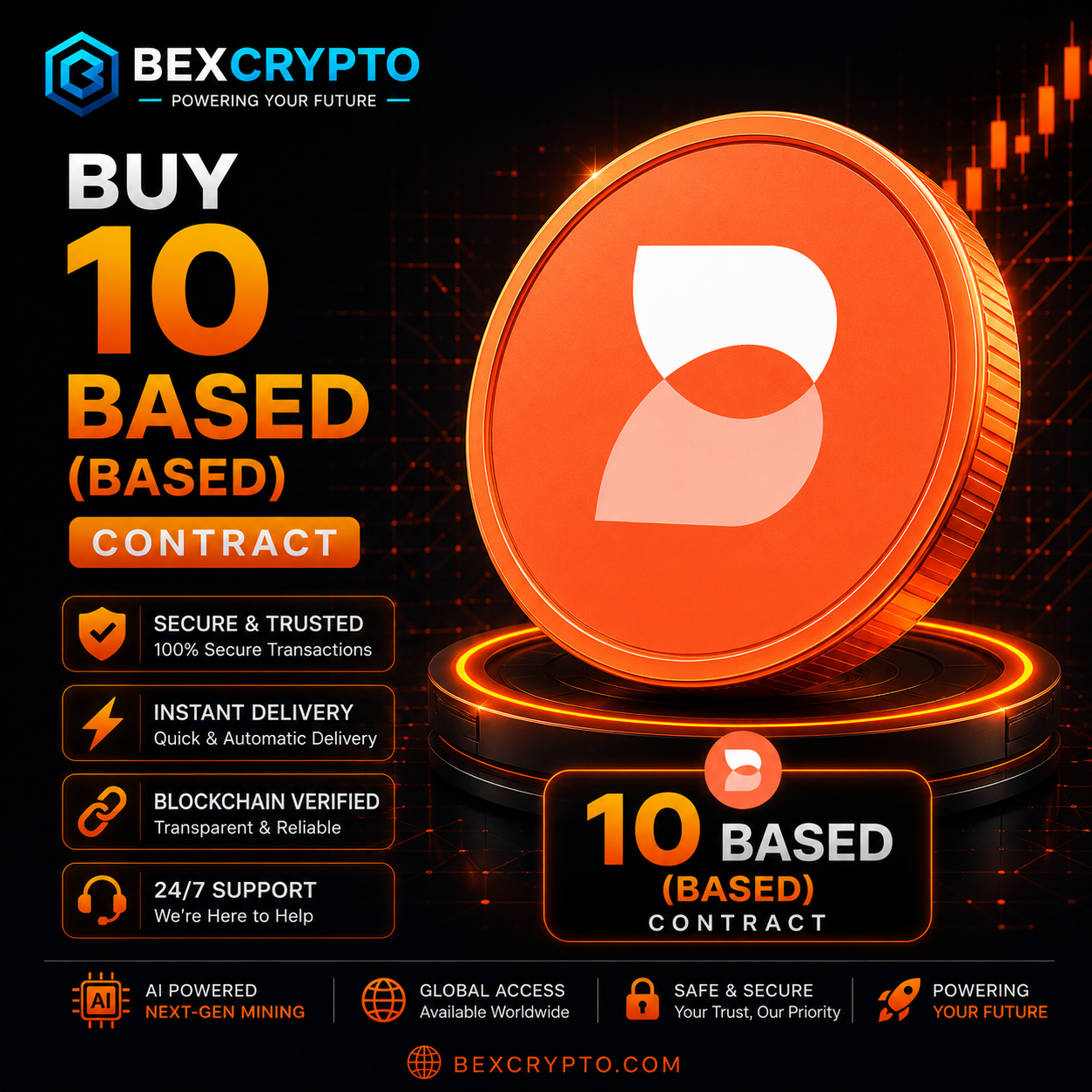 Buy 10 Based (BASED) Cloud Mining Contract by BEXCRYPTO featuring a premium Based token coin, secure blockchain verification, instant digital delivery, AI-powered mining, and 24/7 customer support.