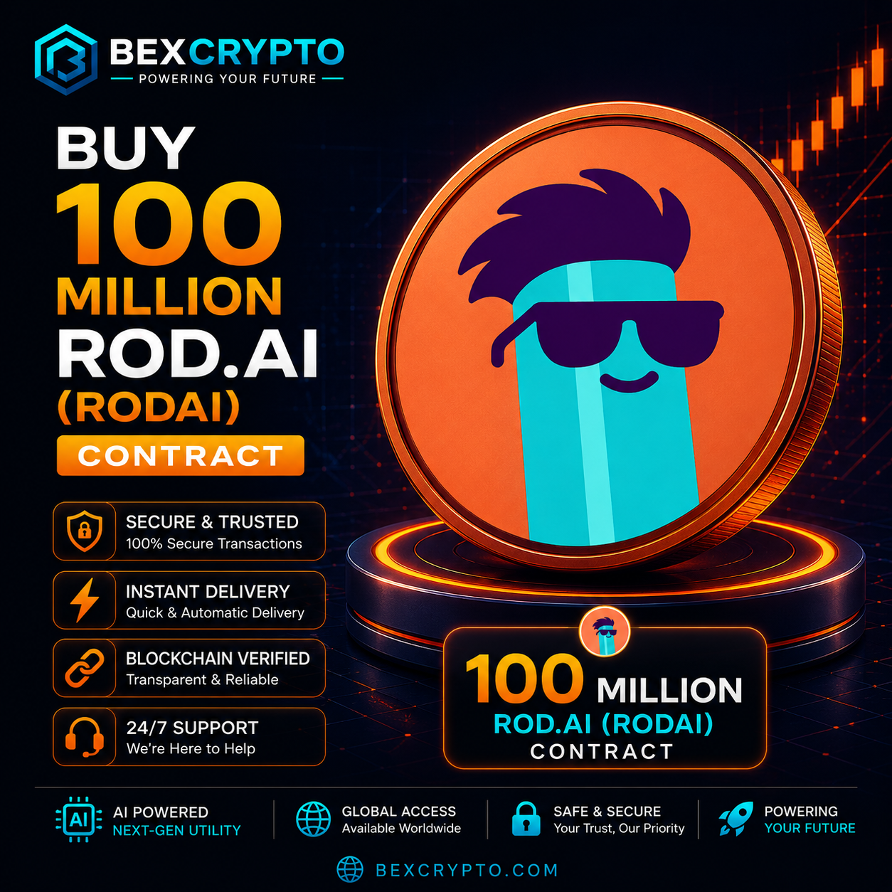 Buy 100 Million ROD.AI (RODAI) Cloud Mining Contract from BEXCRYPTO featuring a premium 3D ROD.AI coin with secure blockchain technology, instant activation, fast delivery, and professional cloud mining services.