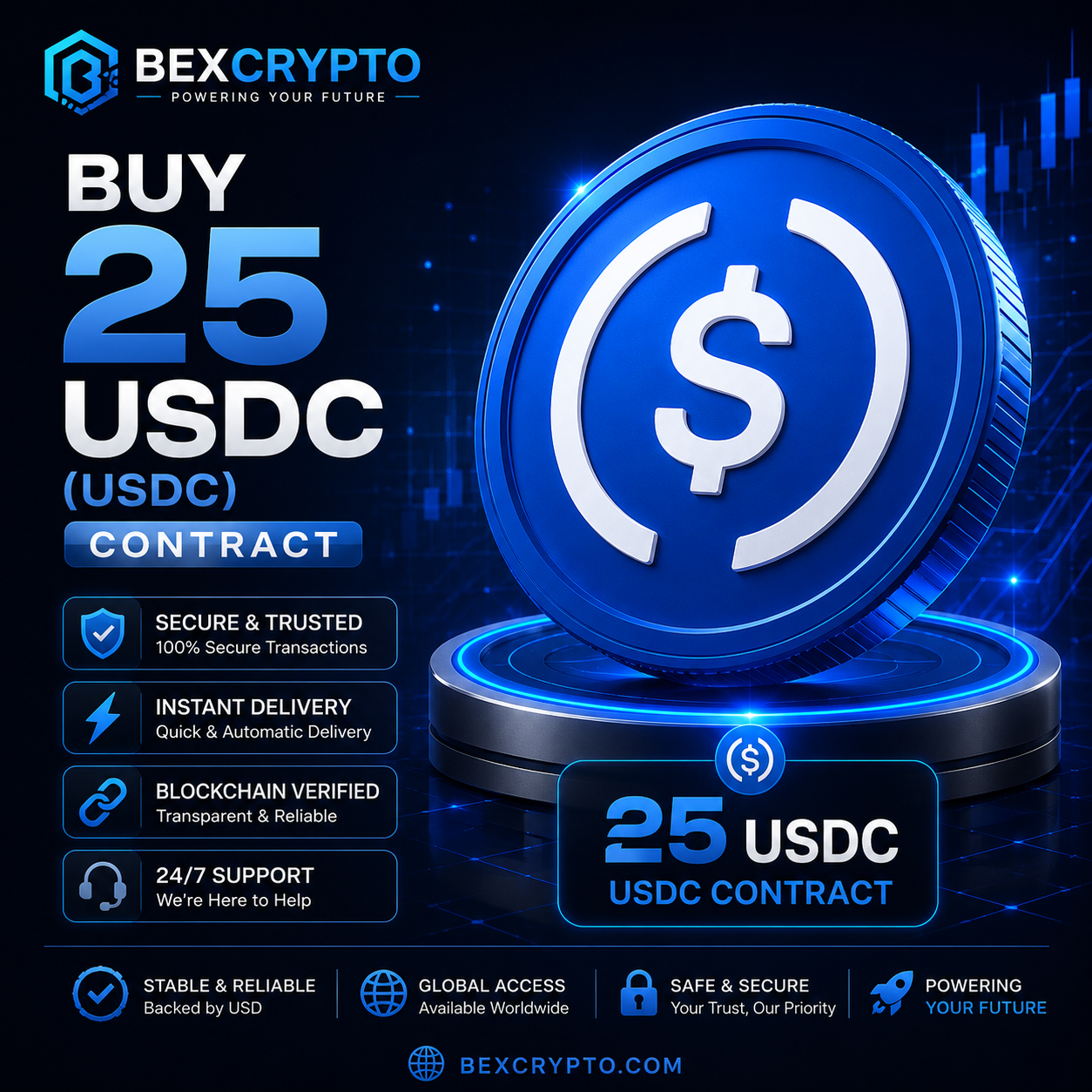 Buy 25 USDC (USD Coin) Cloud Mining Contract from BEXCRYPTO featuring a premium 3D USDC coin with secure blockchain technology, instant activation, fast delivery, and 24/7 customer support.
