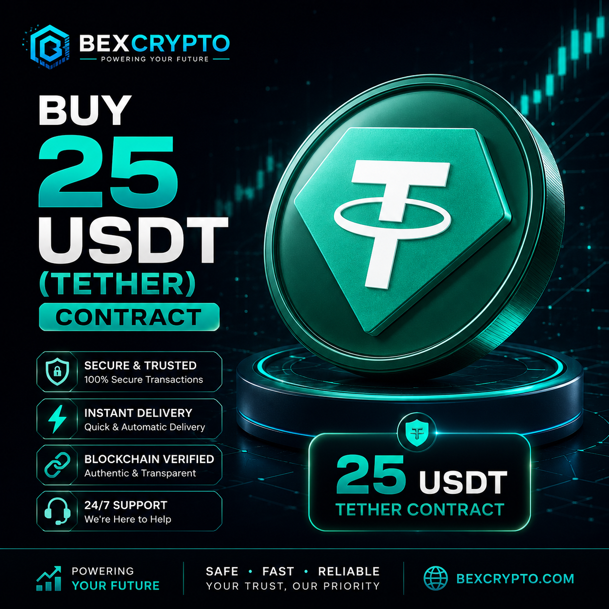 Buy 25 USDT (Tether) Contract from BEXCRYPTO featuring a premium 3D Tether coin design with secure blockchain processing, instant delivery, trusted transactions, and 24/7 customer support.