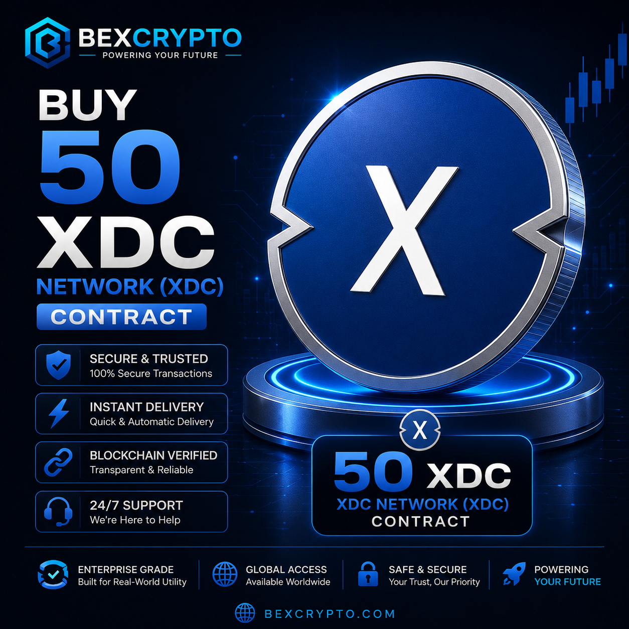 Buy 50 XDC Network (XDC) Cloud Mining Contract from BEXCRYPTO featuring a premium 3D XDC coin with secure blockchain technology, instant activation, fast digital delivery, and trusted cloud mining services.